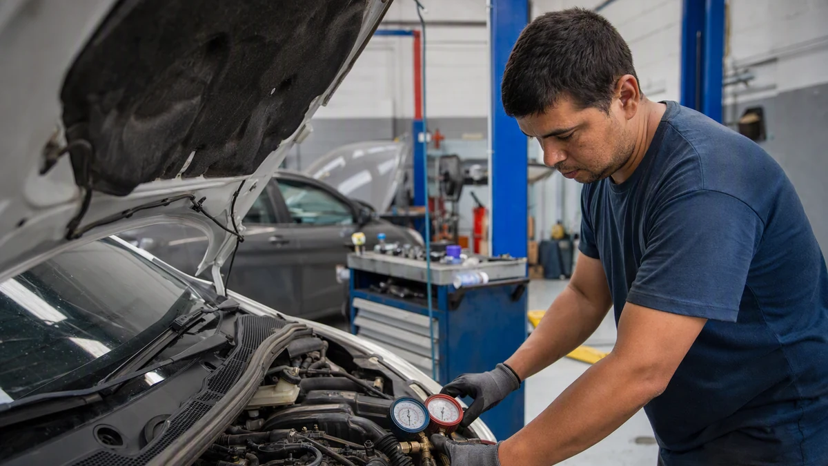 Ar-condicionado do carro não gela: técnico verifica sistema no compartimento do motor