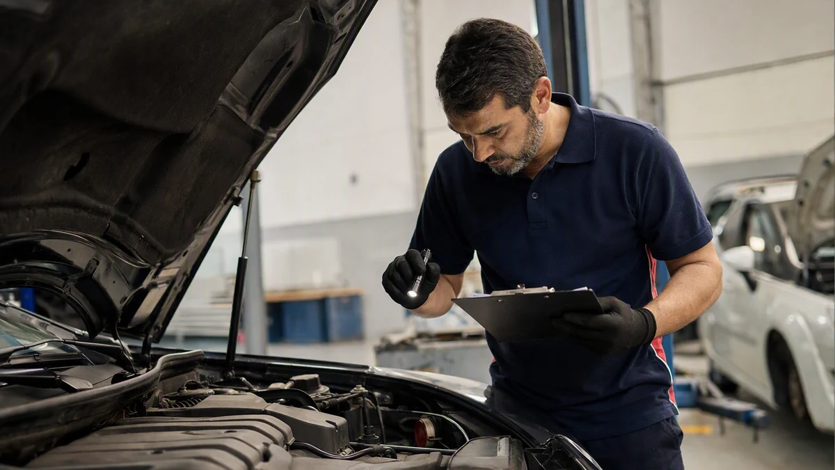 Checklist compra seminovo francês: técnico faz inspeção pré-compra com lanterna
