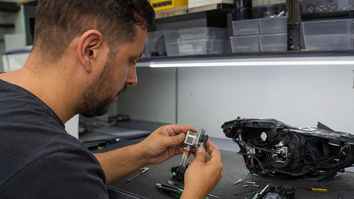 Farol LED piscando: técnico examina módulo eletrônico em bancada de oficina