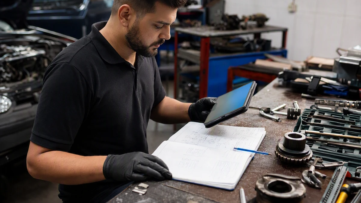 Glossário siglas carro francês: técnico consulta anotações técnicas em oficina