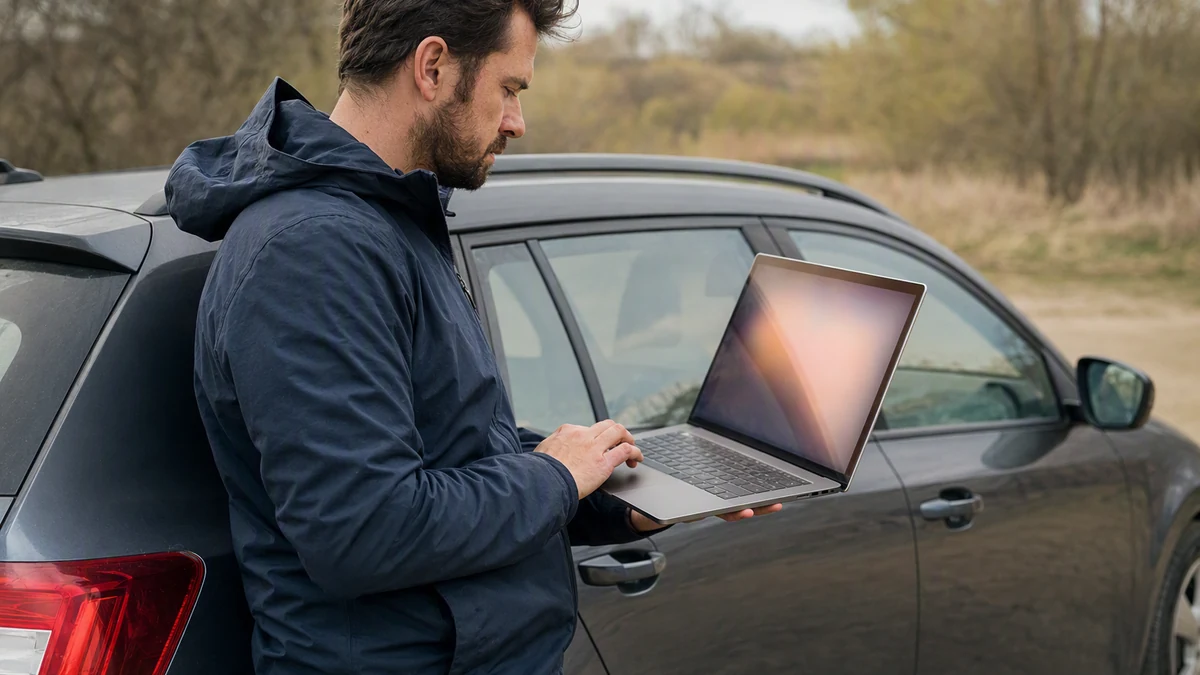 Como consultar recall do meu carro: pessoa consulta site em laptop ao lado do carro