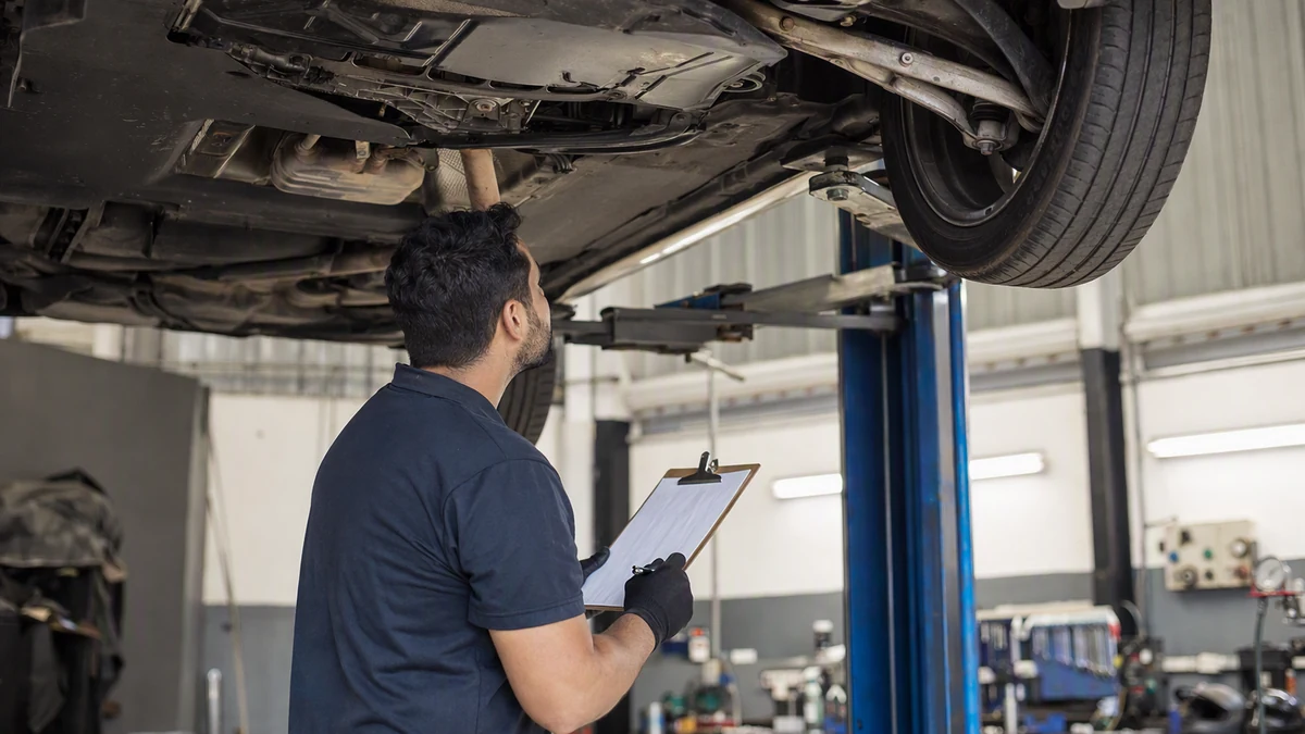 Checklist revisão preventiva carro francês: técnico verifica veículo elevado