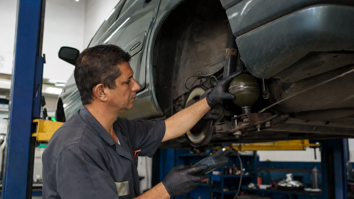 Suspensão hidropneumática Citroën: técnico inspeciona o sistema em oficina especializada