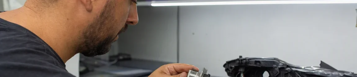 Farol LED piscando: técnico examina módulo eletrônico em bancada de oficina