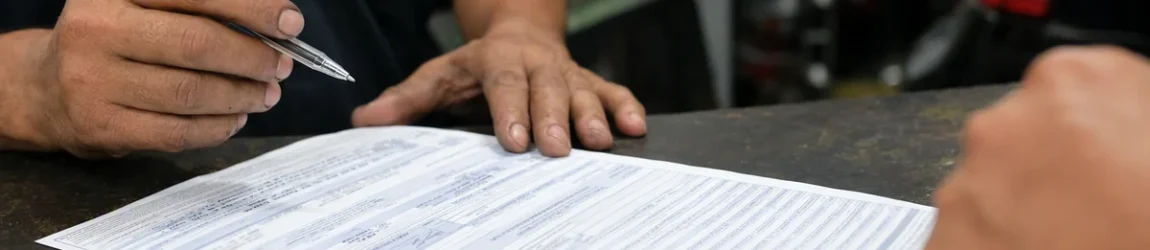 Close-up de uma nota fiscal de serviço automotivo detalhada sobre balcão de oficina especializada