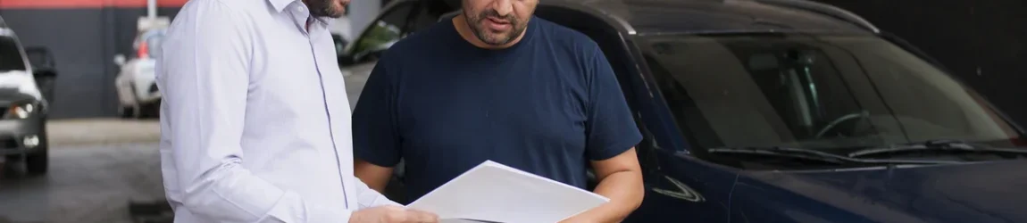 Seguro de carro francês: consultor e cliente analisam documentos no pátio